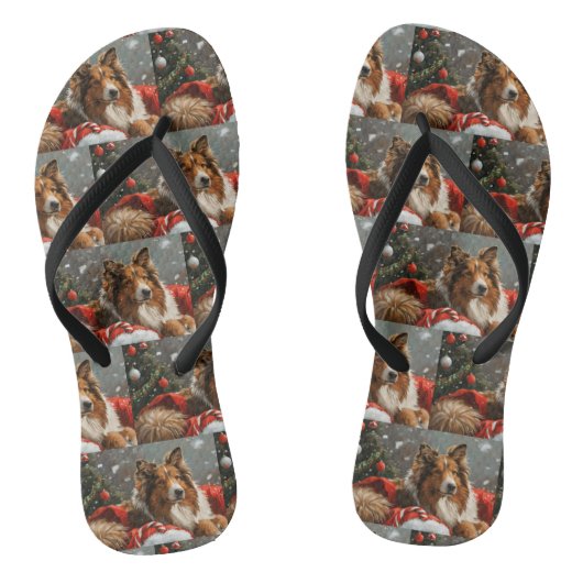 Ruwe Collie Hond Kerst Feestelijk Teenslippers (Voetbed)