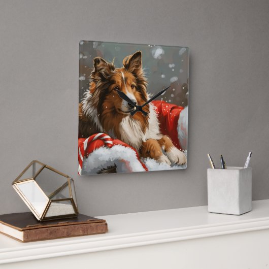 Ruwe Collie Hond Kerst Feestelijk Vierkante Klok (Kantoor)