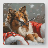 Ruwe Collie Hond Kerst Feestelijk Vierkante Klok (Voorkant)