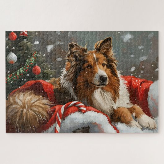 Ruwe Collie Hond Kerst Festief Legpuzzel (Horizontaal)