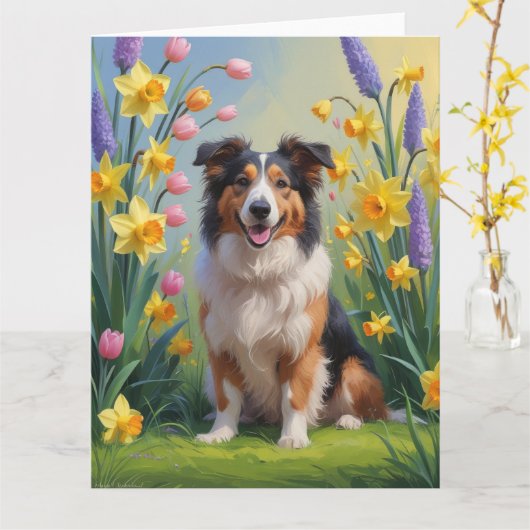 Ruwe Collie Hond Lente Bloemen Schilderij Kaart (Gele Bloem)