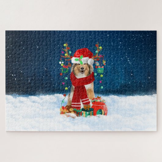 Ruwe Collie hond met kerstcadeaus Legpuzzel (Horizontaal)