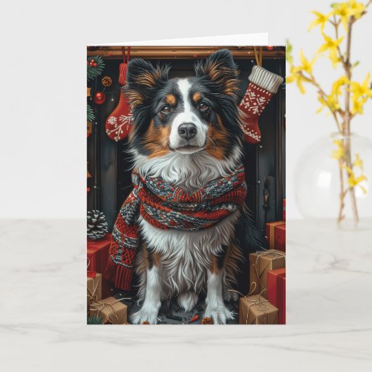 Ruwe Collie Hond Met Kerstcadeaus Open Haard Kaart (Gele Bloem)