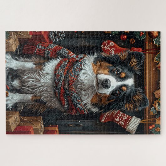 Ruwe Collie Hond Met Kerstcadeaus Open Haard Legpuzzel (Horizontaal)