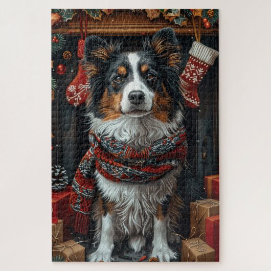 Ruwe Collie Hond Met Kerstcadeaus Open Haard Legpuzzel (Verticaal)