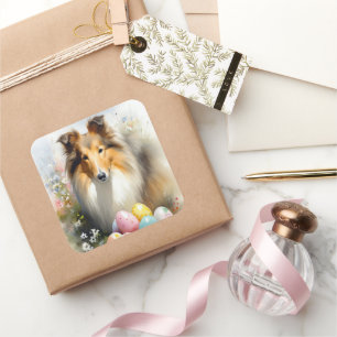Ruwe Collie-hond met Pasen Eieren Vakantie  Vierkante Sticker