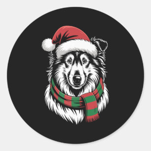 Ruwe Collie Hond Xmas Kerstman Hoed Sjaal Kerstmis Ronde Sticker