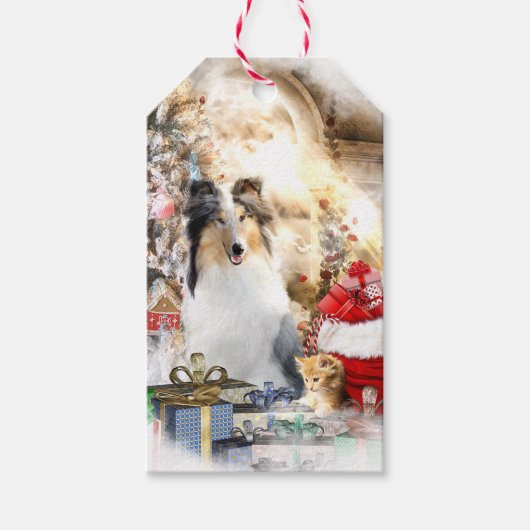 Ruwe Collie & Kitten, naar/van Var. -Kerstmis Cadeaulabel (Voorkant)