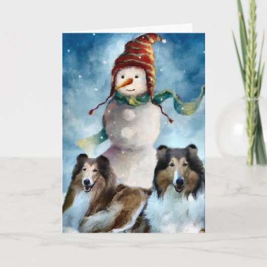 Ruwe Collie met Snowman Kerstmis Feestdagen Kaart (Voorkant)