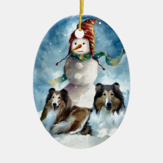 Ruwe Collie met Snowman Kerstmis Keramisch Ornament (Voorkant)