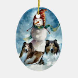 Ruwe Collie met Snowman Kerstmis Keramisch Ornament