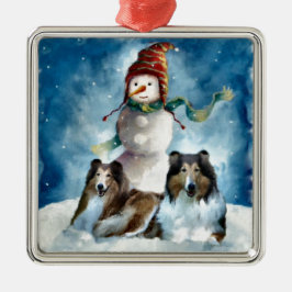 Ruwe Collie met Snowman Kerstmis Metalen Ornament