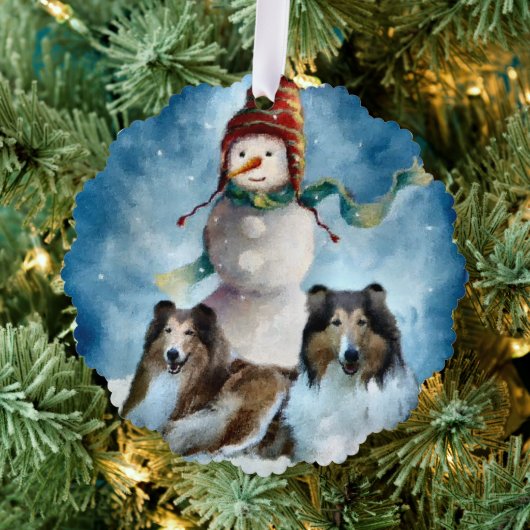 Ruwe Collie met Snowman Kerstmis Ornament Kaart (Insitu (Drie))