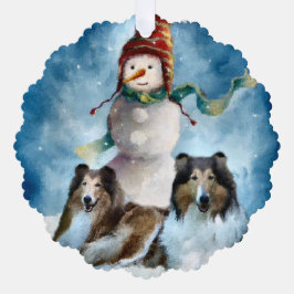 Ruwe Collie met Snowman Kerstmis Ornament Kaart