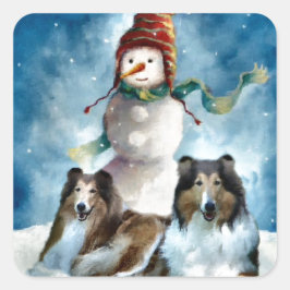 Ruwe Collie met Snowman Kerstmis Vierkante Sticker
