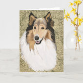 Ruwe Collie op een bruine Floral achtergrond  Kaart (Gele Bloem)