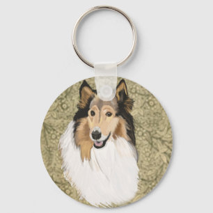 Ruwe Collie op een bruine Floral achtergrond Sleutelhanger