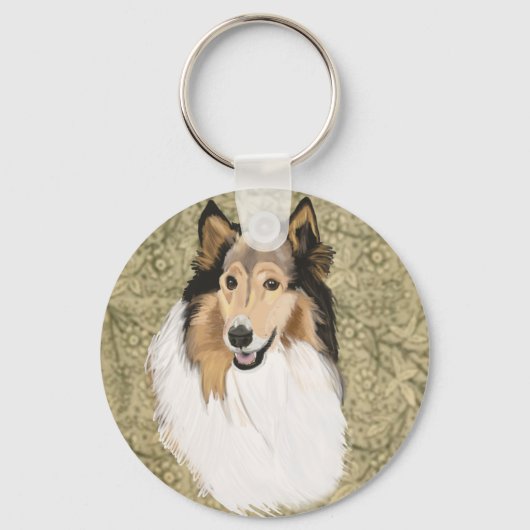 Ruwe Collie op een bruine Floral achtergrond Sleutelhanger (Voorkant)