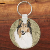 Ruwe Collie op een bruine Floral achtergrond Sleutelhanger (Voorkant)