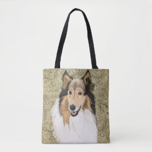 Ruwe Collie op een bruine Floral achtergrond Tote Bag