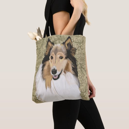 Ruwe Collie op een bruine Floral achtergrond Tote Bag (Dichtbij)