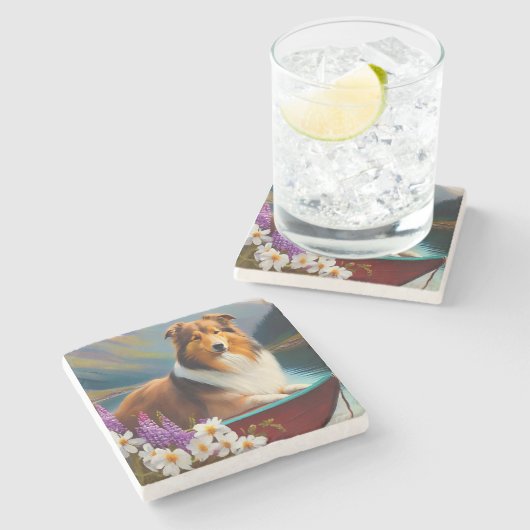 Ruwe Collie op een peddel: een Schilderachtig avon Stenen Onderzetter (Zijkant)
