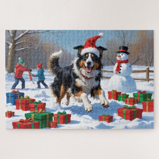 Ruwe Collie Rent in Sneeuw met Kerstmuts Legpuzzel (Horizontaal)