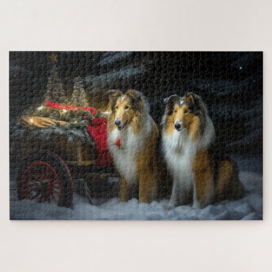 Ruwe Collie Sneeuw Slede Kerst Decoratie Legpuzzel (Horizontaal)