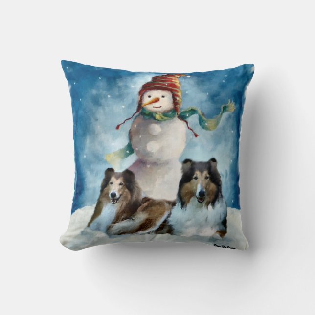 Ruwe Collies met Snowman Kerstmis Kussen (Voorkant)