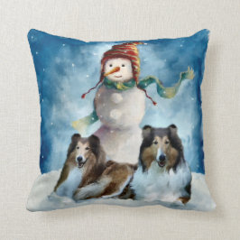 Ruwe Collies met Snowman Kerstmis Kussen
