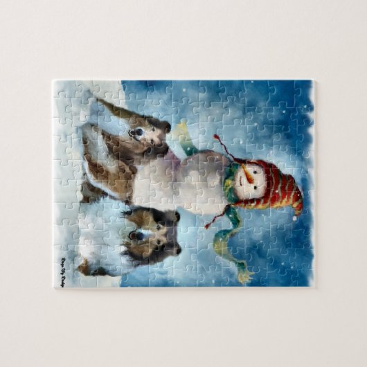 Ruwe Collies met Snowman Kerstmis Legpuzzel (Horizontaal)