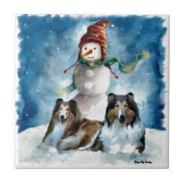 Ruwe Collies met Snowman Kerstmis Tegeltje