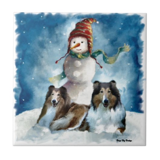 Ruwe Collies met Snowman Kerstmis Tegeltje (Voorkant)