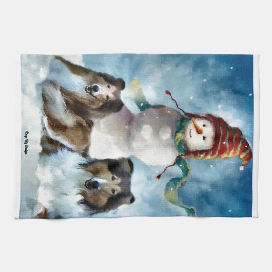 Ruwe Collies met Snowman Kerstmis Theedoek (Horizontaal)