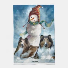 Ruwe Collies met Snowman Kerstmis Theedoek