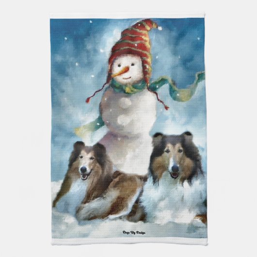 Ruwe Collies met Snowman Kerstmis Theedoek (Verticaal)