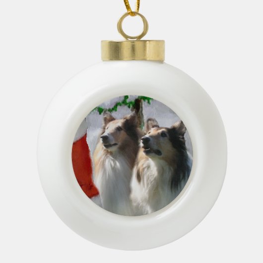 Ruwe Collies ontmoeten Kerstmis Keramische Bal Ornament (Voorkant)
