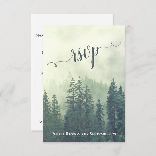 Ruwe groene dennenbomen bergbos bruiloft RSVP kaartje (Voorkant / Achterkant)