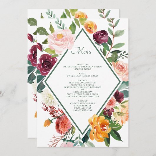 Ruwe herfstbloemen saliegroene trouwmenu kaarten (Voorkant / Achterkant)