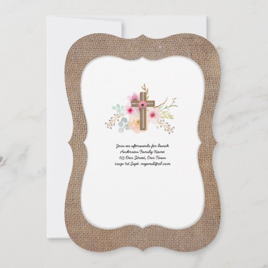 Ruwe jute eerste communie uitnodigingen bloemkruis (Achterkant)