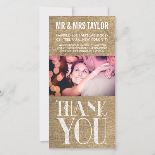 Ruwe Jute Huwelijks Dank Je Foto Kaarten (Voorkant)