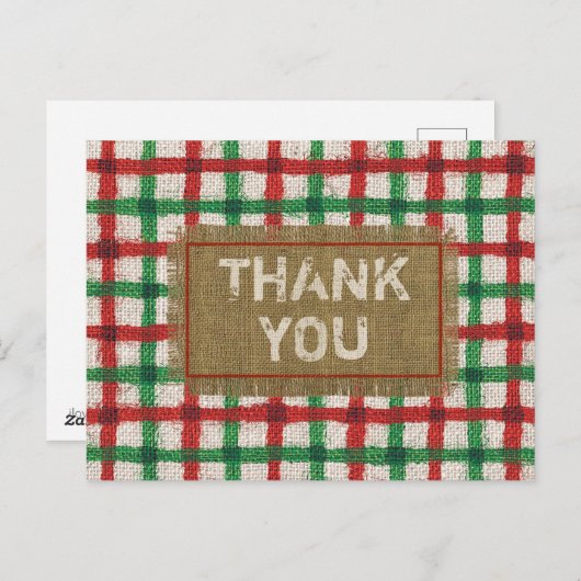 Ruwe Jute Rode Groene Karo Kerst Dank Je Briefkaart (Voorkant / Achterkant)
