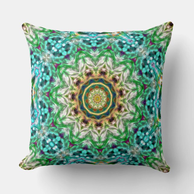 Ruwe metalen aqua blauw en groene textuur mandala kussen (Voorkant)