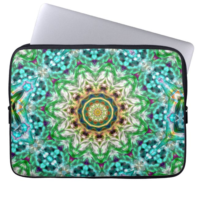Ruwe metalen aqua blauw en groene textuur mandala laptop sleeve (Voorkant)