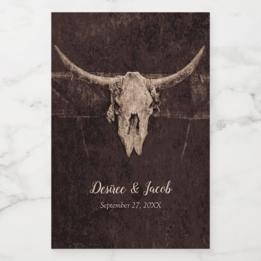 Ruwe stierenschedel bruiloft country western textu wijn etiket (Enkel label)