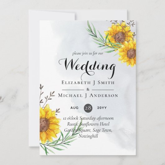 Ruwe zonnebloemen olijfbladeren trouwkaarten (Voorkant)