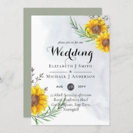 Ruwe zonnebloemen olijfbladeren trouwkaarten