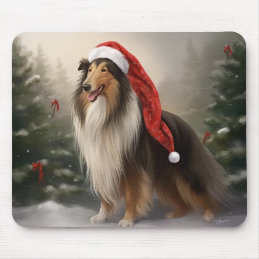 Ruwharige Collie Hond in Sneeuw Kerstmis Muismat (Voorkant)
