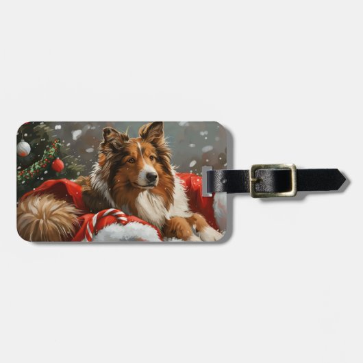 Ruwharige Collie Hond Kerst Feestelijk Bagagelabel (Voorkant horizontaal)