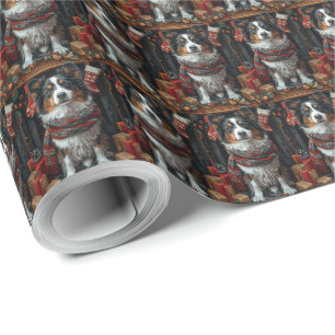 Ruwharige Collie Hond met Kerstcadeaus Haardvuur Cadeaupapier